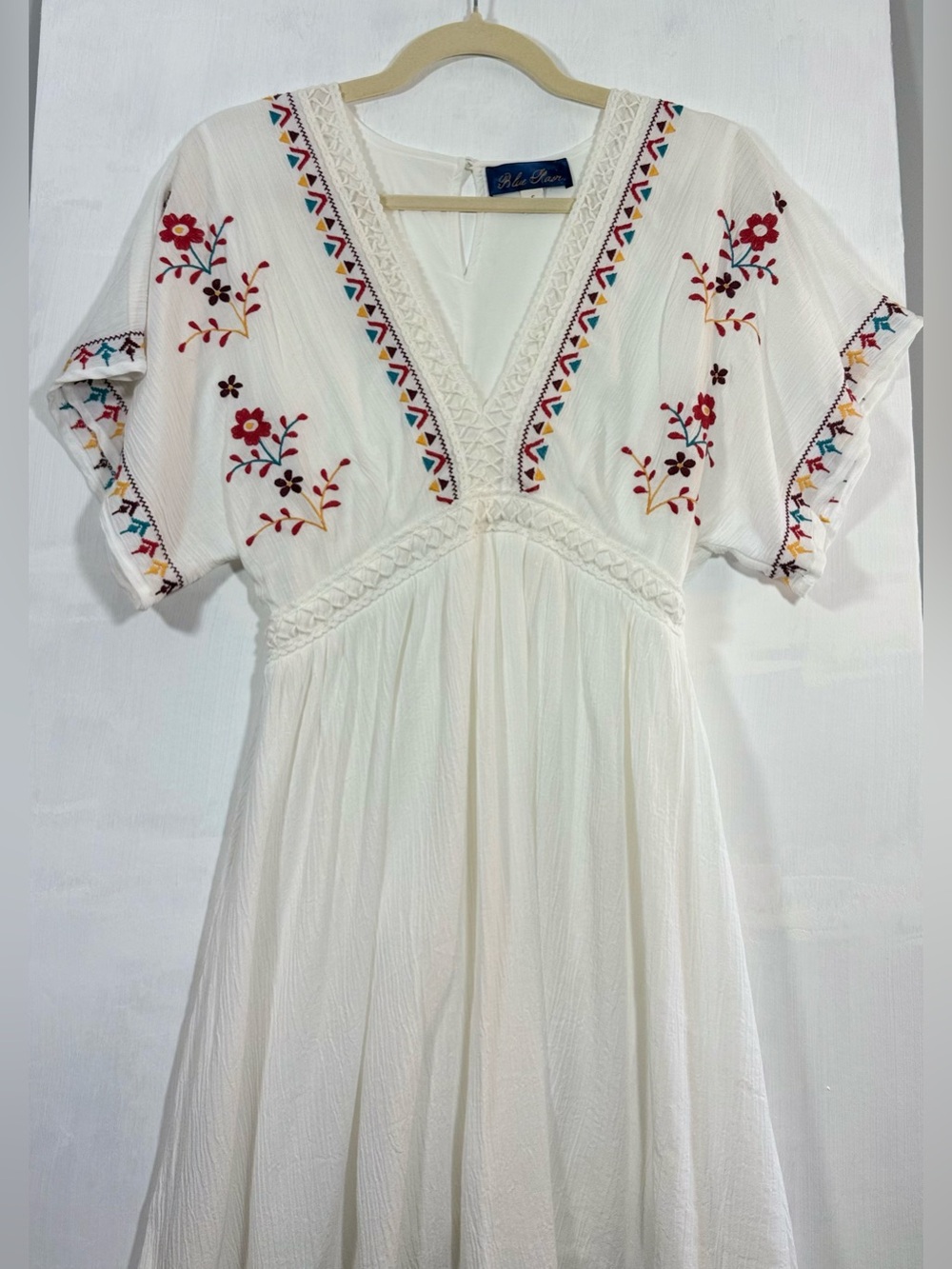 Blue Rain White Dress with Red Floral Embroidery